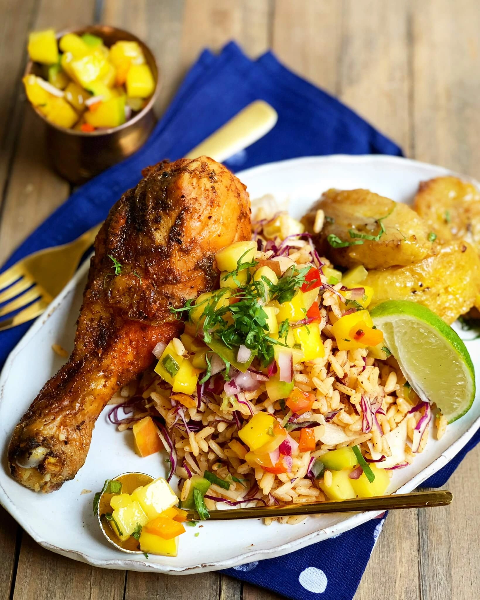 A plate with chicken, rice and mango salsa.